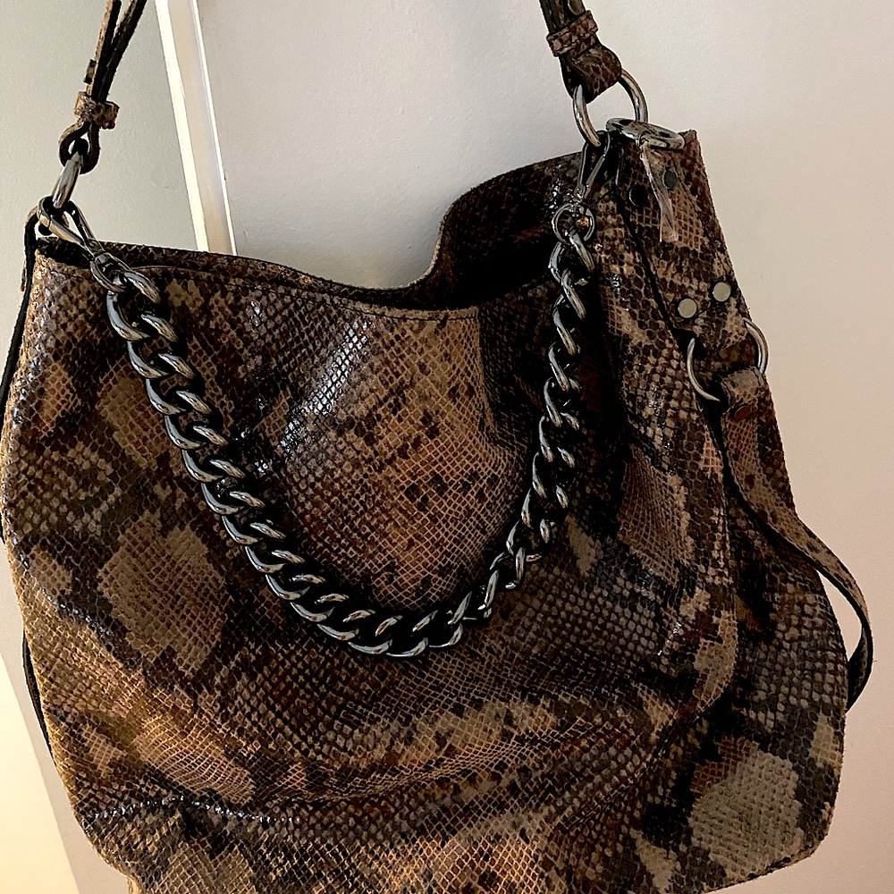 Brown Leather Python Print Hobo Bag - image 1